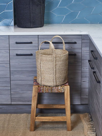 Korissa Kata Basket with Handle beside stool in kitchen setting