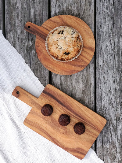 Korissa Wooden Serving Board with tart, on linen and weathered wood