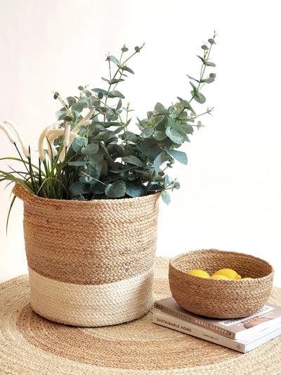 Korissa Kata Colorblock Basket on styled tabletop with plant and bowl