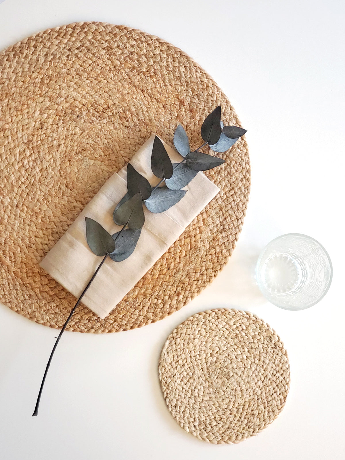 Korissa Kata Natural Placemat with coaster, eucalyptus, and glass tumbler
