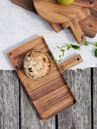 Korissa Wooden Serving Tray with tart, on linen, greenery visible