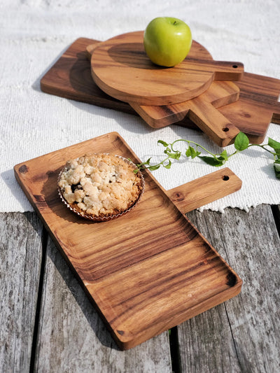 Korissa Wooden Serving Tray with tart and apple, angled view