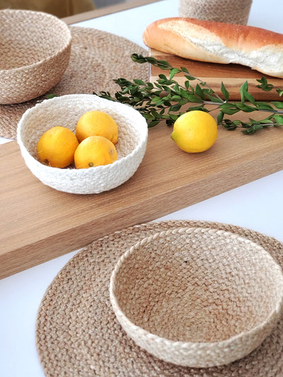 Korissa Kata Candy Bowl with lemons on wood cutting board with bread