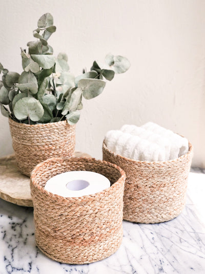 Korissa Kata Bin with towels and eucalyptus on marble