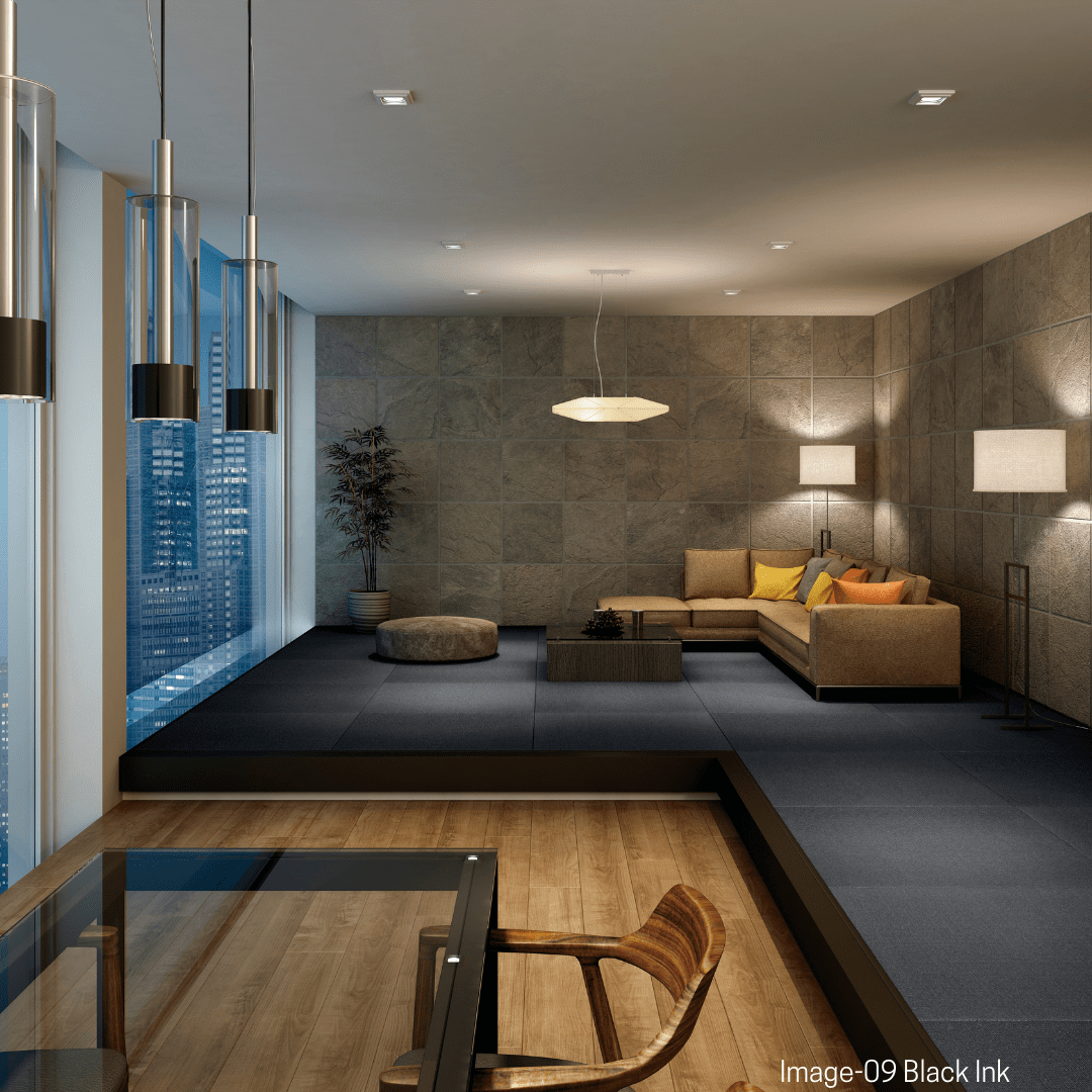 Saien-Sparkle BLACK INK Japandi Tatami Mat in open floor plan