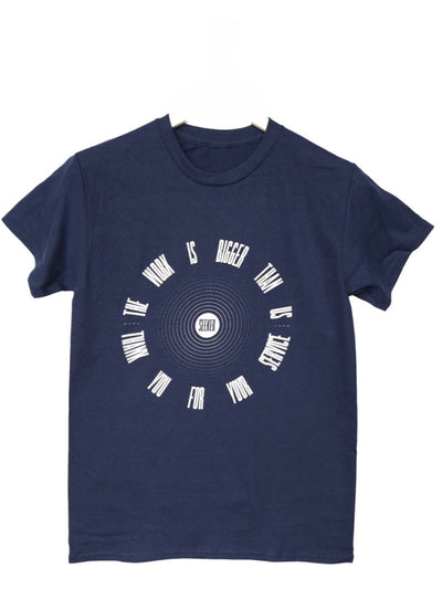 Front product view of the navy Service Tee with the circular graphic printed in white.