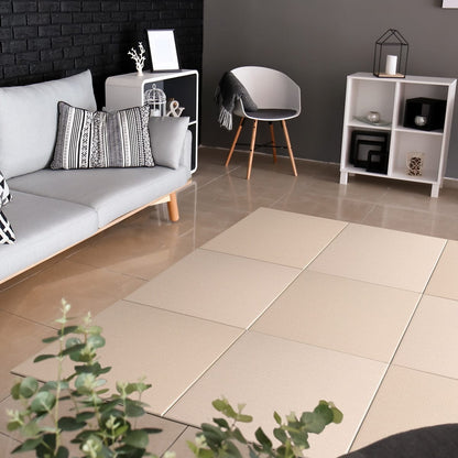 Seiryu WHITE BROWN Japandi Tatami Mat, placed on the floor of a modern living room setting, surrounded by furniture and decorative items.