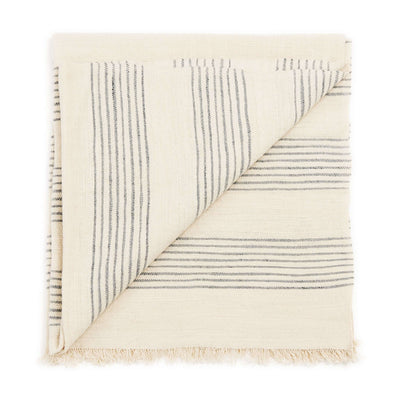 Folded Silica Chalk throw with one corner turned back to reveal alternating vertical and horizontal gray stripe sections