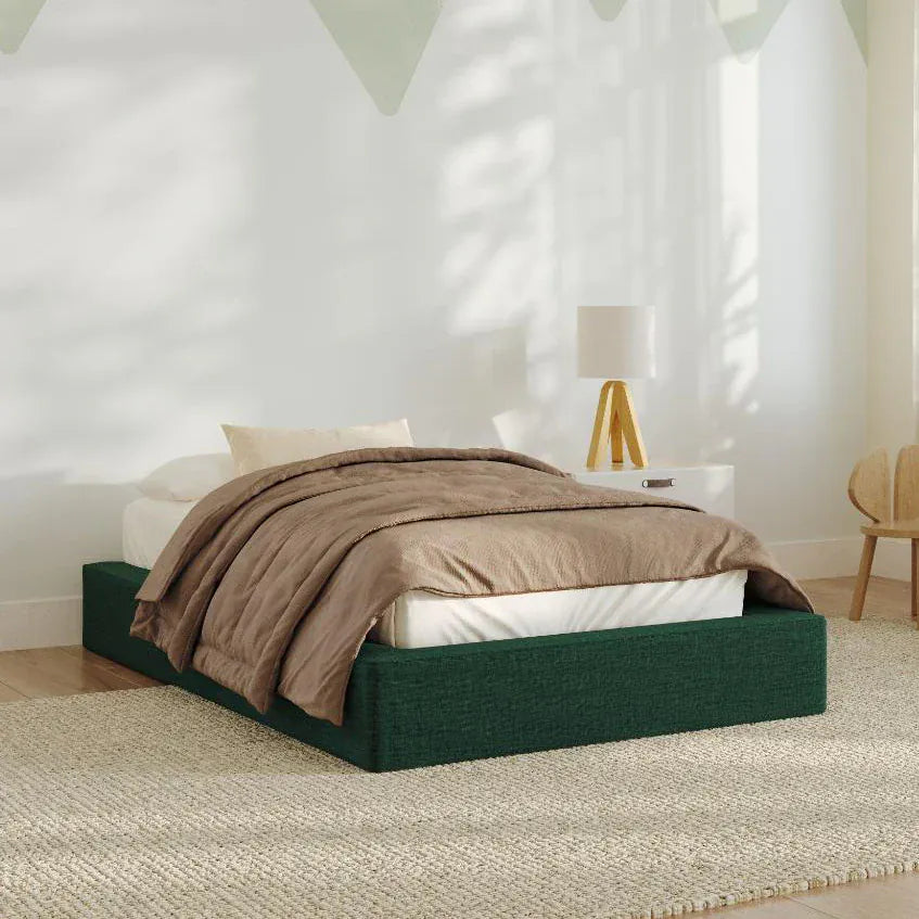 Soft upholstered bed frame suitable for kids and families with soft edges and neutral fabric