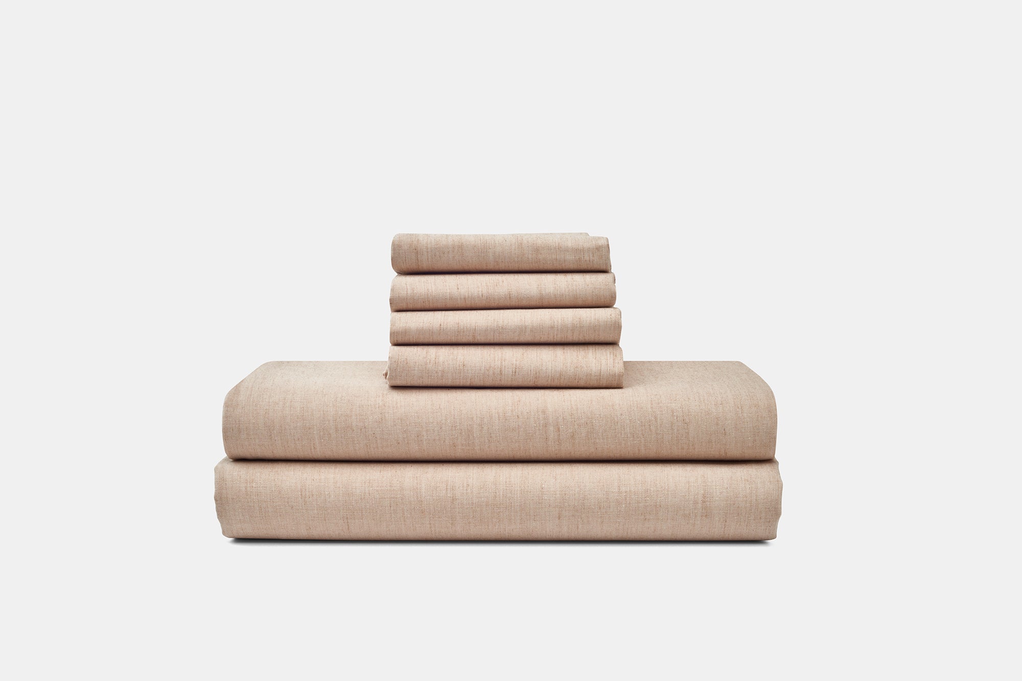 Stacked American Blossom Linens Foxfibre natural colored cotton percale sheet set in Latte Linen