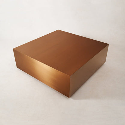 Square copper coffee table with brushed copper finish