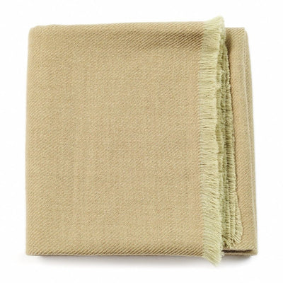 Folded pale sage-green color variation of the Variously merino throw with a muted green fringed edge