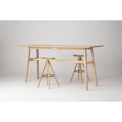 A TEN Bar Height Table with BCTD Wood Stools, photographed in a minimalist studio setting with a neutral gray background.