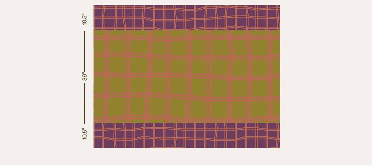 Full rectangular layout of Tortuga Forma Tablecloth Reversible Grid, showing a mustard-yellow centre with pink grid lines and burgundy grid bands at opposite ends; with dimensions listed 39" x 10.5" x 10.5"