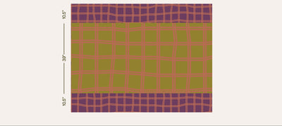 Full rectangular layout of Tortuga Forma Tablecloth Reversible Grid, showing a mustard-yellow centre with pink grid lines and burgundy grid bands at opposite ends; with dimensions listed 39" x 10.5" x 10.5"