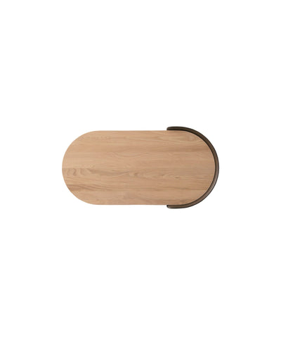 Top-down view of CRUST coffee table featuring elliptical solid Japanese Oak top and offset edge detail in dark gray finish— Japandi style table.