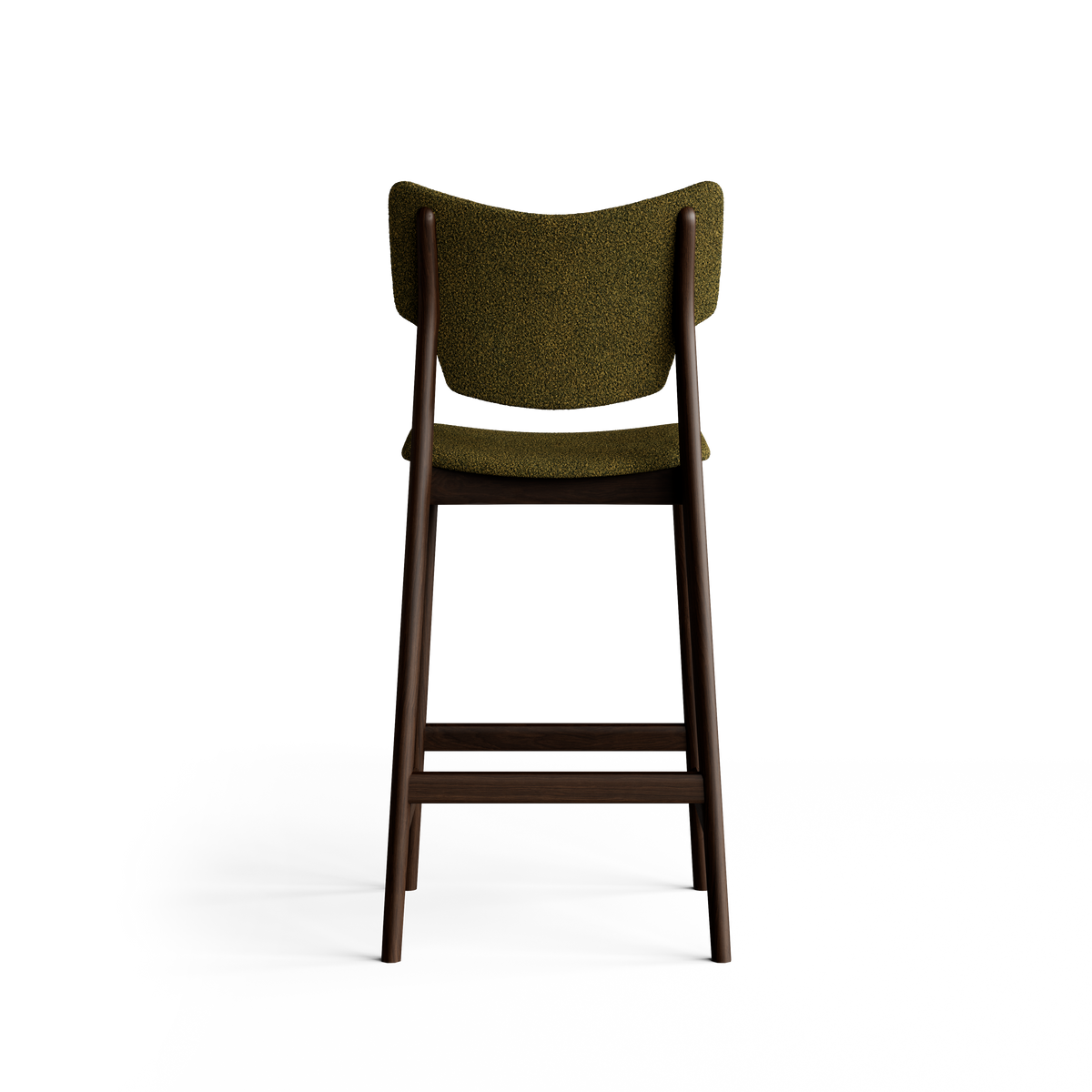 Rear view of the Eikund Veng Bar Stool with olive-green textured upholstery and a dark brown wood frame, showing a broad curved backrest with raised corners, tall tapered legs, and horizontal crossbars.