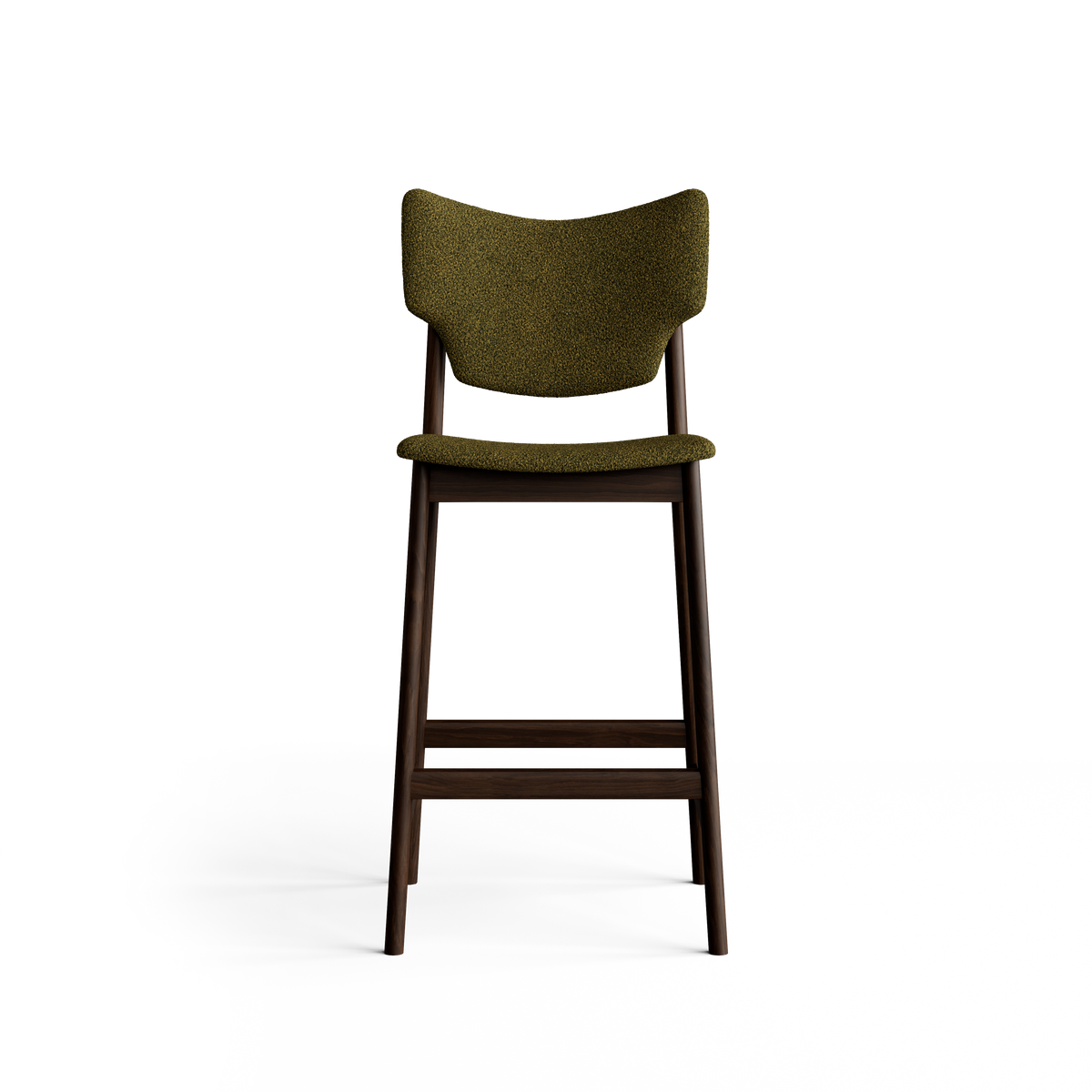 Front view of the olive-green Eikund Veng Bar Stool, showing its wing-shaped upholstered back, slim padded seat, open gap above the seat, and wood footrest.