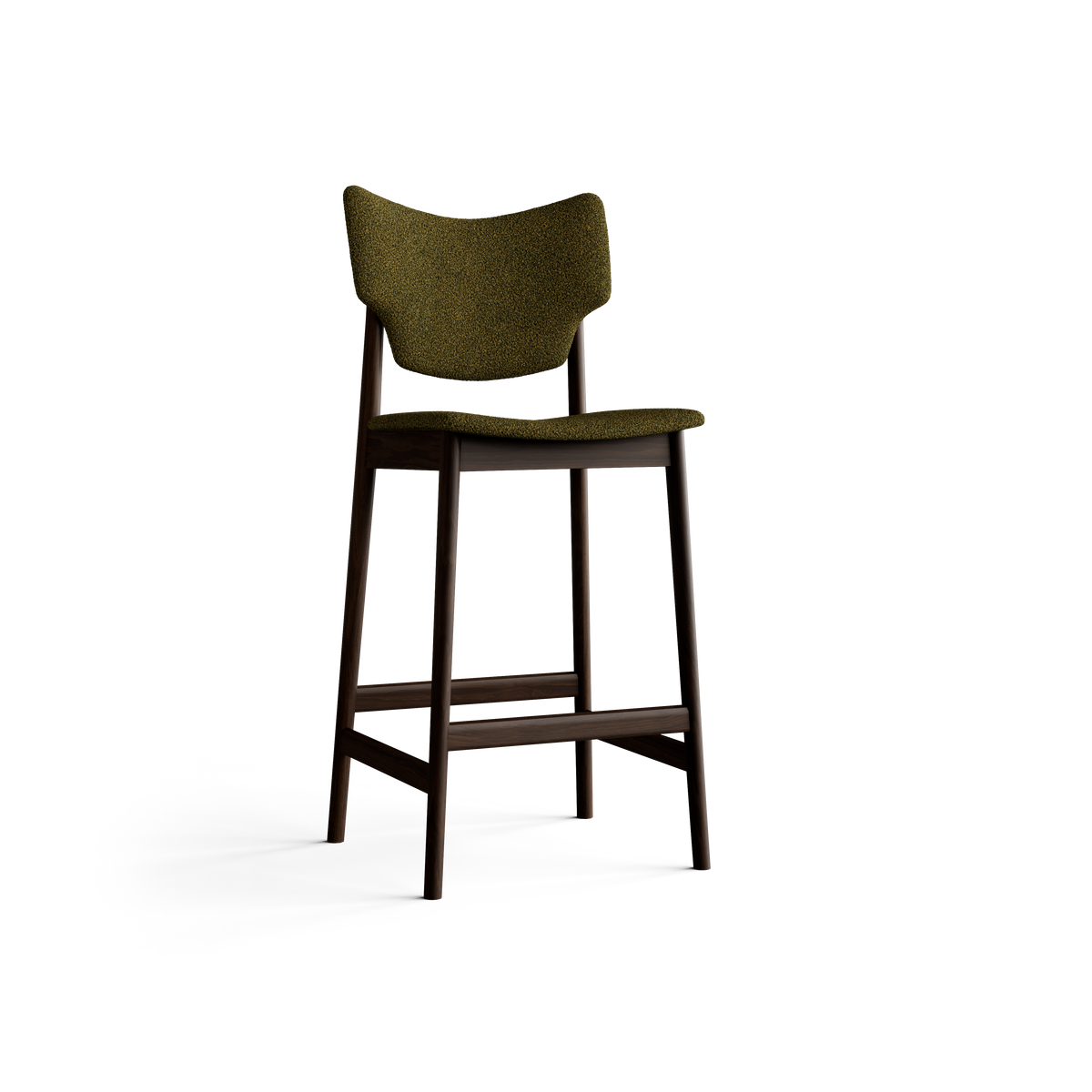 Three-quarter front view of the olive-green Eikund Veng Bar Stool, showing the curved backrest, projecting seat edge, splayed wood legs, and connecting footrest rails.