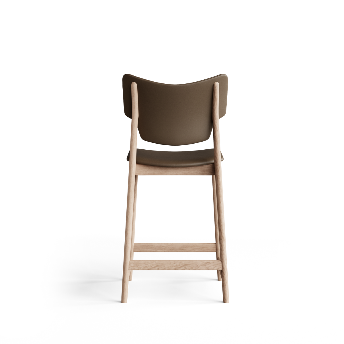 Rear view of the Eikund Veng Counter Stool with smooth taupe-brown upholstery and a light wood frame, showing a curved backrest with raised corners, exposed back supports, tapered legs, and horizontal crossbars.