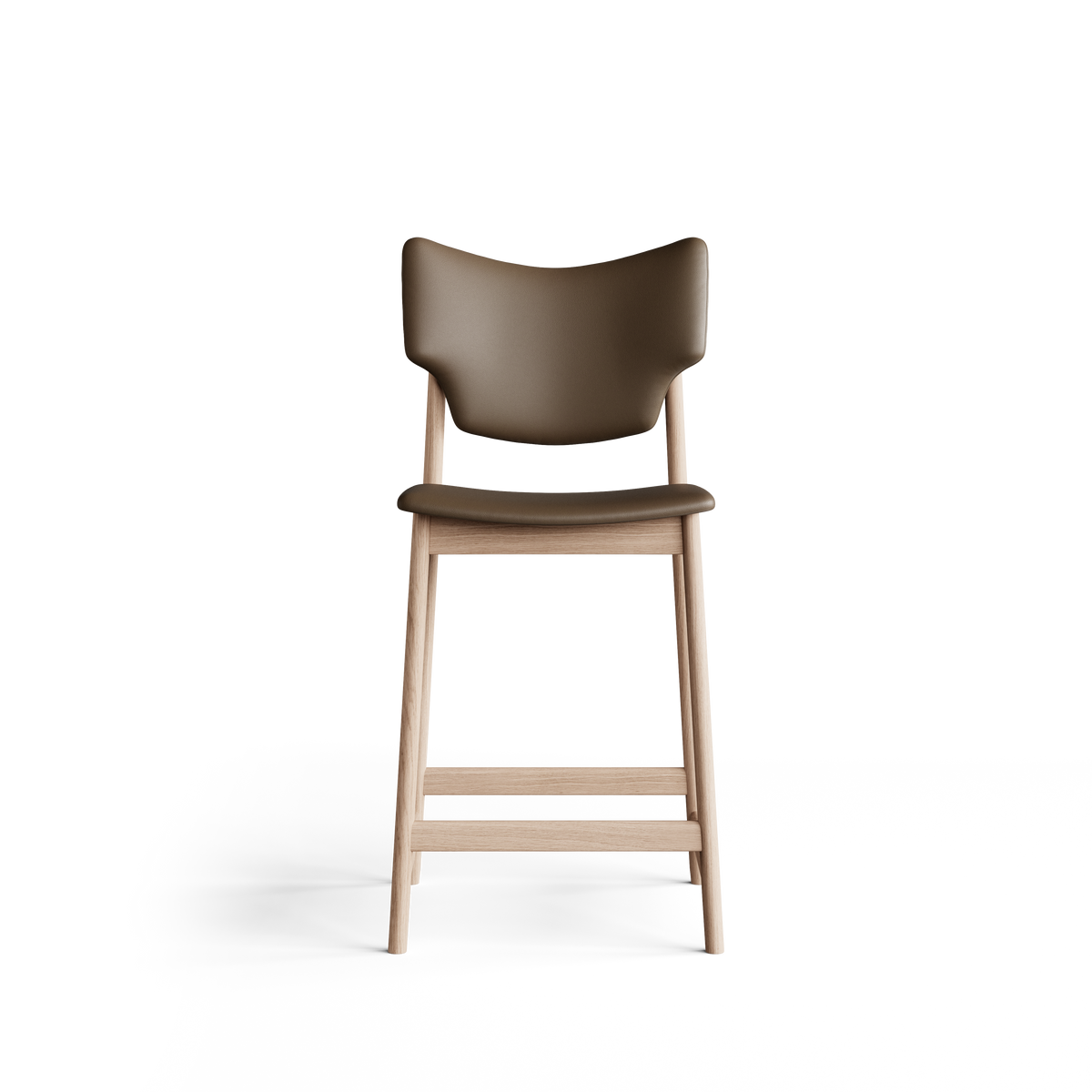 Front view of the Eikund Veng Counter Stool, showing its taupe-brown wing-shaped backrest, slim padded seat, open gap between the cushions, and light wood footrest rails.