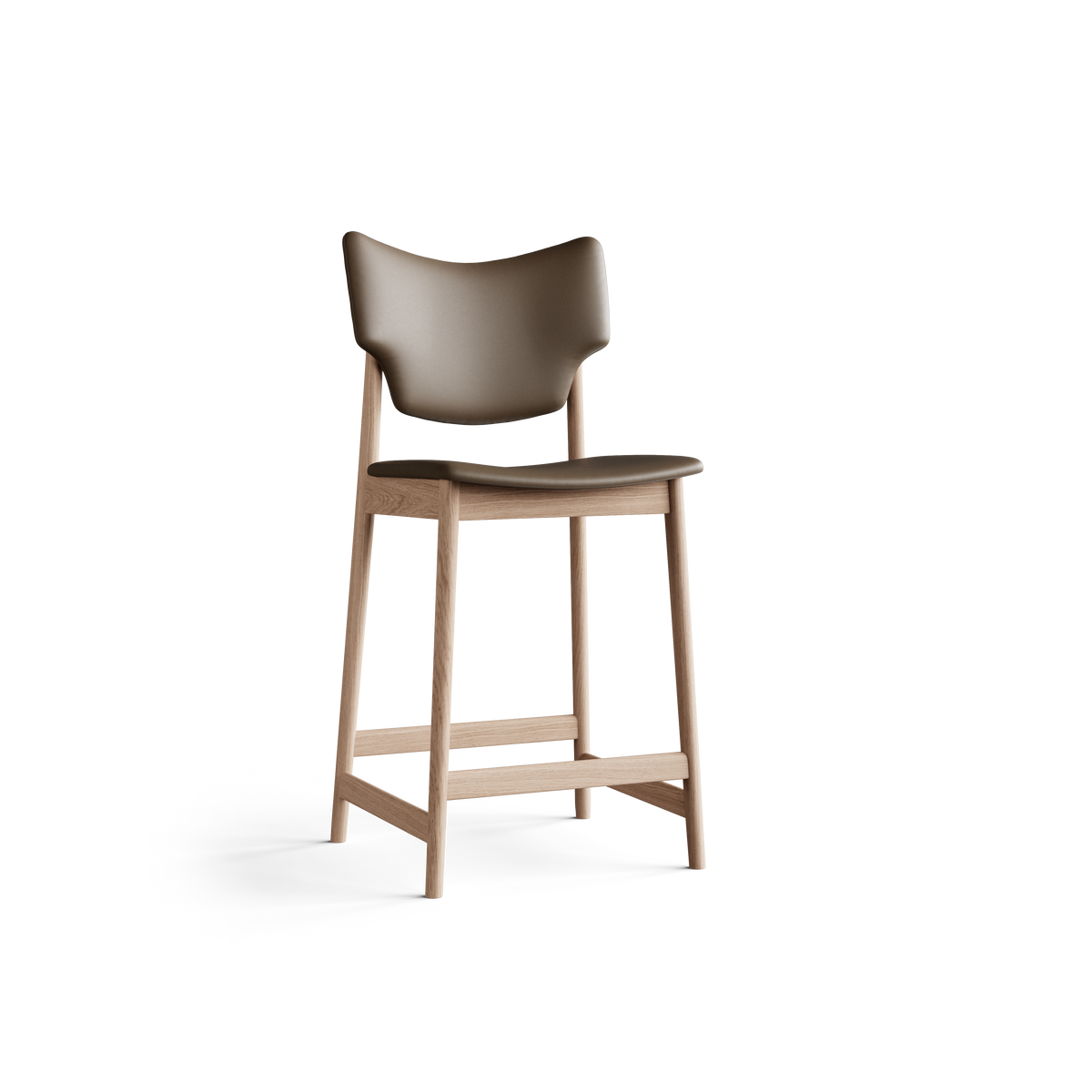 Three-quarter front view of the Eikund Veng Counter Stool, showing the curved taupe-brown back, rounded seat edge, and light wood frame with splayed legs and connecting footrest rails.