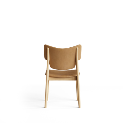 Rear view of the Eikund Veng Dining Chair with tan upholstery and a light wood frame, showing the curved back panel between exposed uprights and an open gap above the seat.