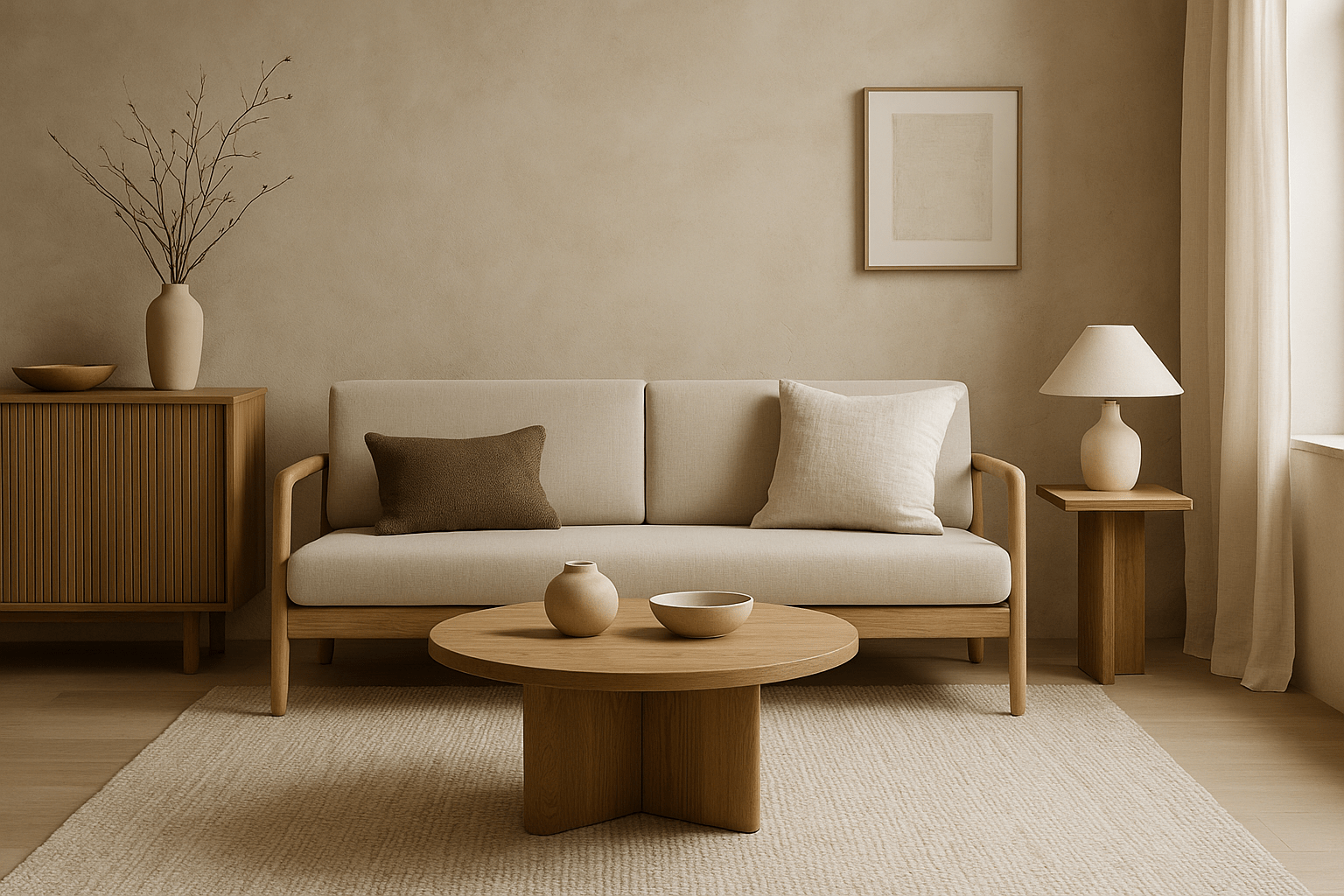Calm Japandi living room with warm wood and neutral textiles.