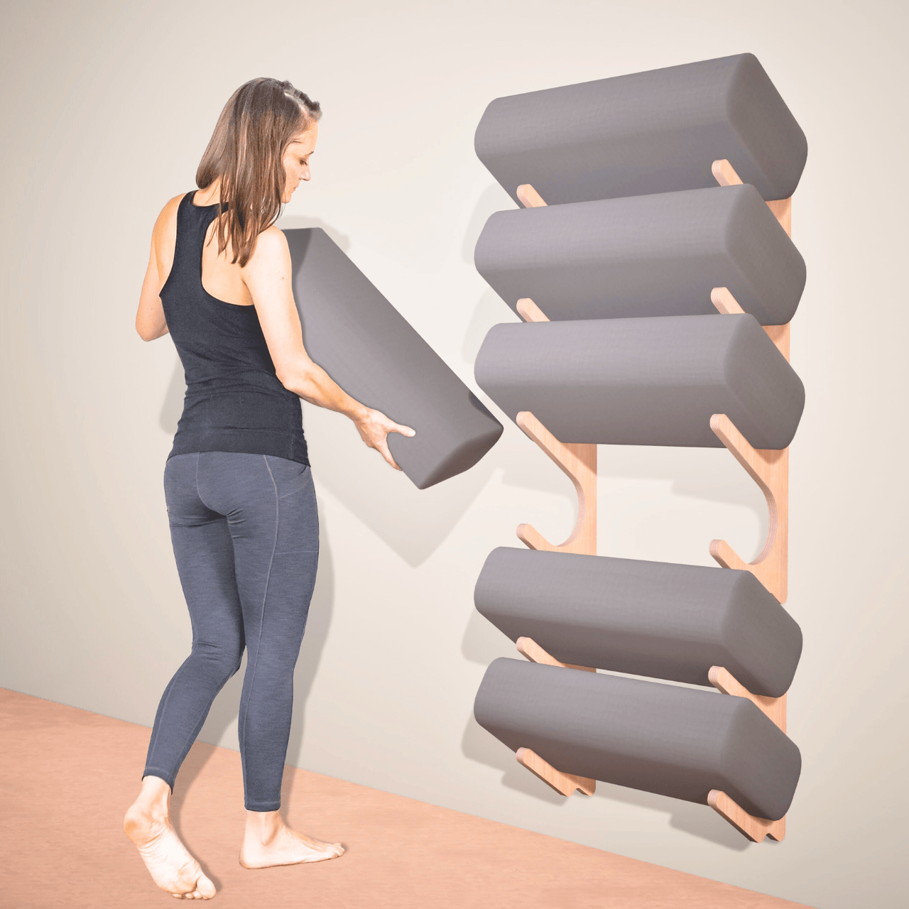 Wooden yoga mat wall rack with minimalist hook design