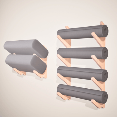 Yoga studio wall storage rack for mats and bolsters