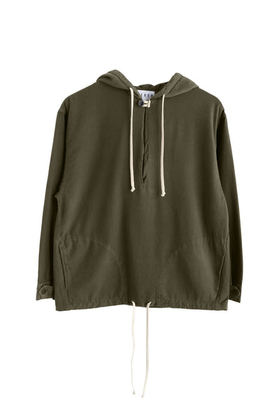 Front product view of the olive-green Anorak with white hood and hem drawcords.