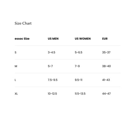 Size chart comparing Essoc size to US men's, women's, and EUR sizes.