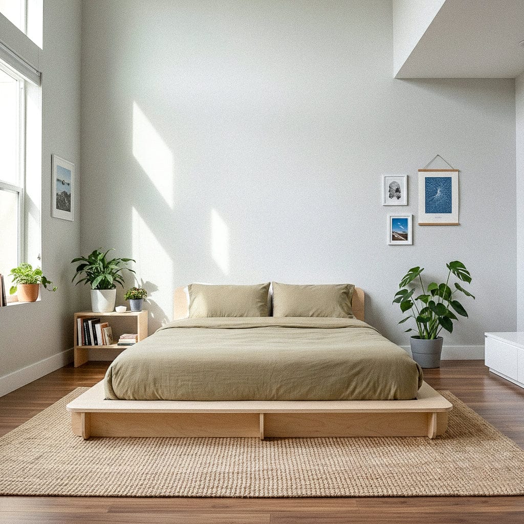 Front view of a Studio Furnis wood bed platform with neutral bedding in a spacious white bedroom with framed art and plants
