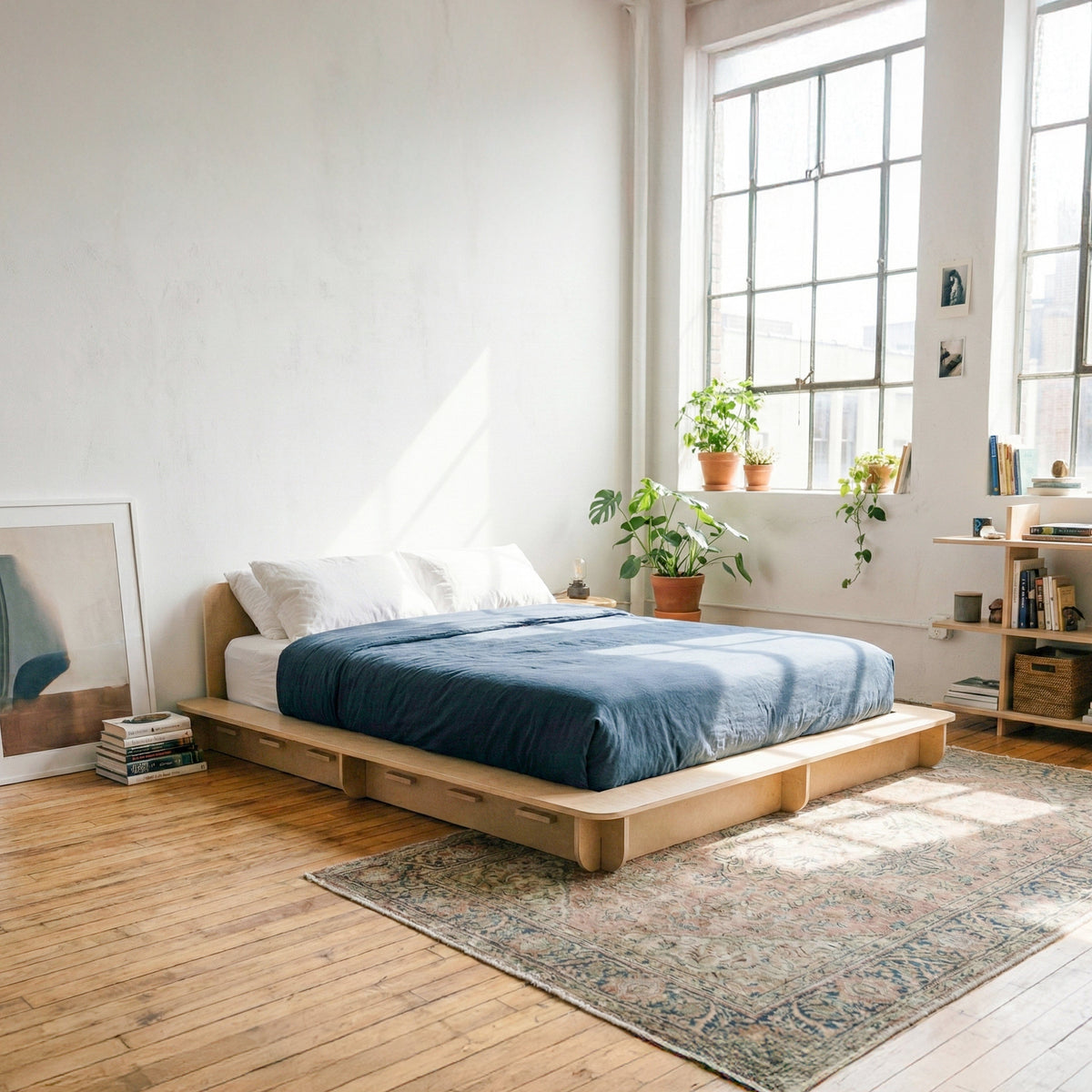Angled view of a Studio Furnis wood bed platform with blue bedding in a sunlit bedroom with wood floors and a vintage-style rug