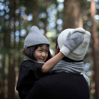 Recycled Wool-Blend Japanese Knit Beanie on child and father in forest