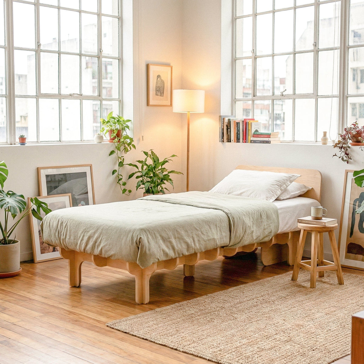 DOVID wood bed frame with cream bedding in a warm sunlit bedroom surrounded by windows, plants, artwork and a wooden chair