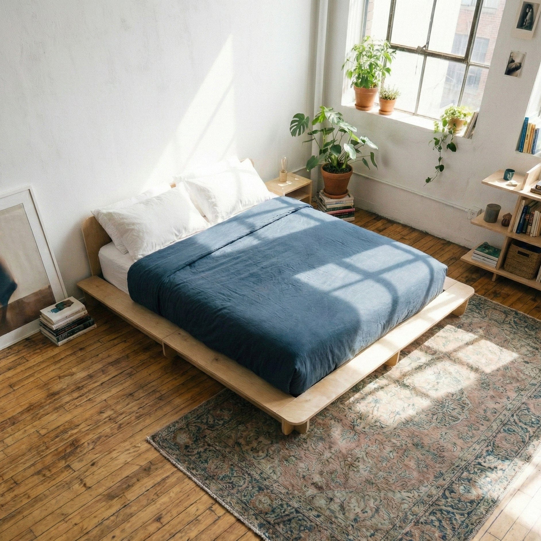 Elevated view of a Studio Furnis natural wood bed platform with blue bedding beside sunlit windows, plants and a patterned rug