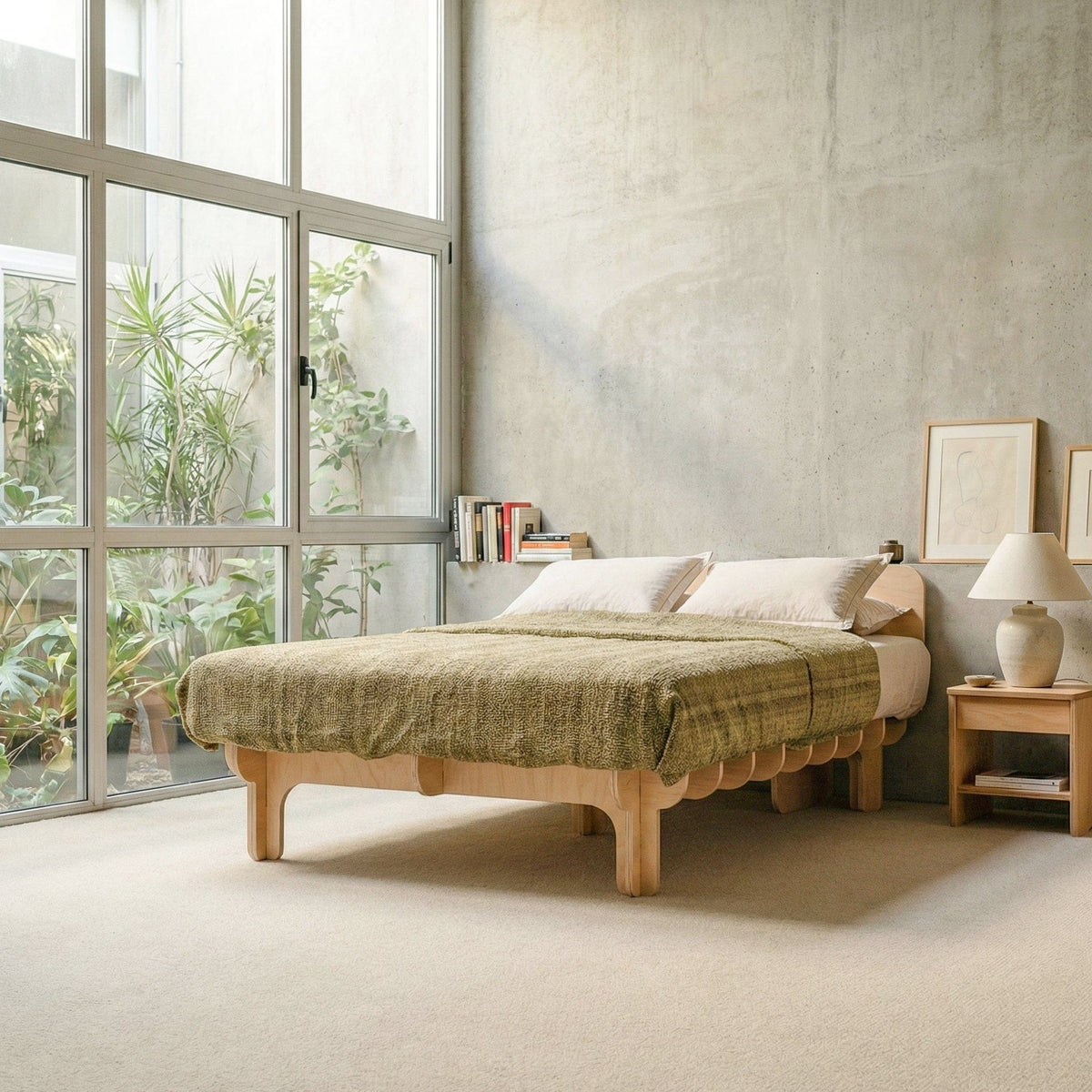 DOVID natural wood bed frame with textured olive green bedding in a modern concrete bedroom with floor-to-ceiling windows