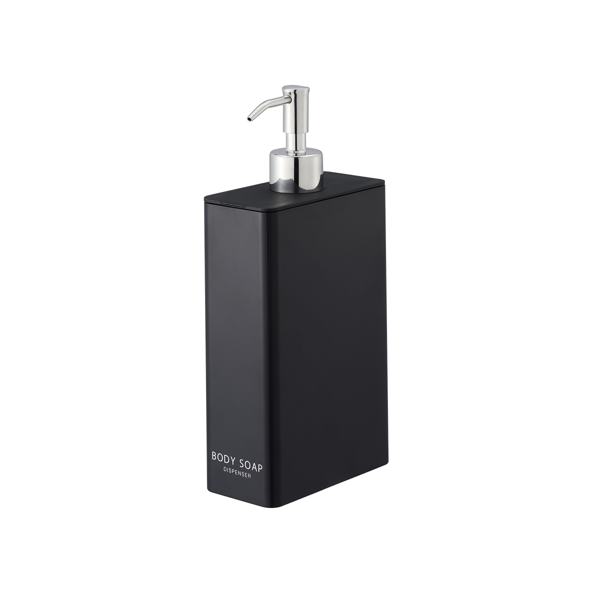 Black Yamazaki Home Rectangle Shower Dispenser - Three Styles labelled BODY SOAP isolated on white, showing its tall angular body, flush lid and projecting silver pump spout.