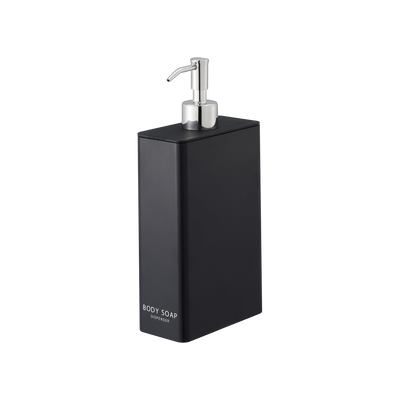Black Yamazaki Home Rectangle Shower Dispenser - Three Styles labelled BODY SOAP isolated on white, showing its tall angular body, flush lid and projecting silver pump spout.