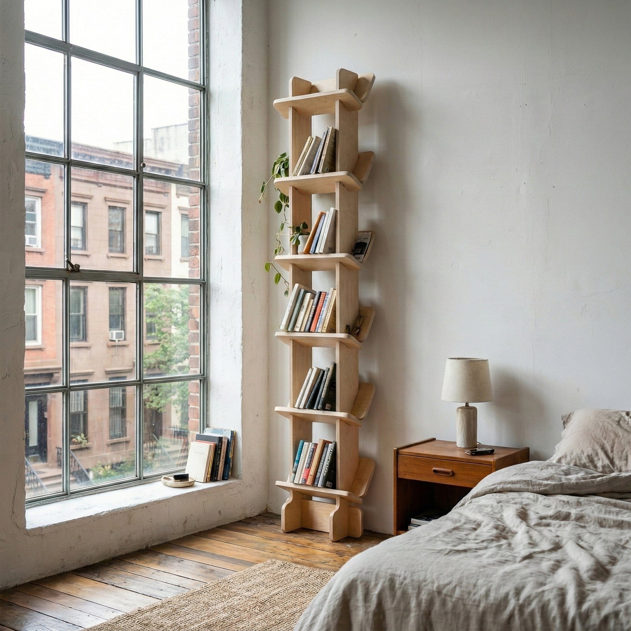 Yankel natural wood bookcase filled with books beside floor-to-ceiling loft windows and a neatly made bed