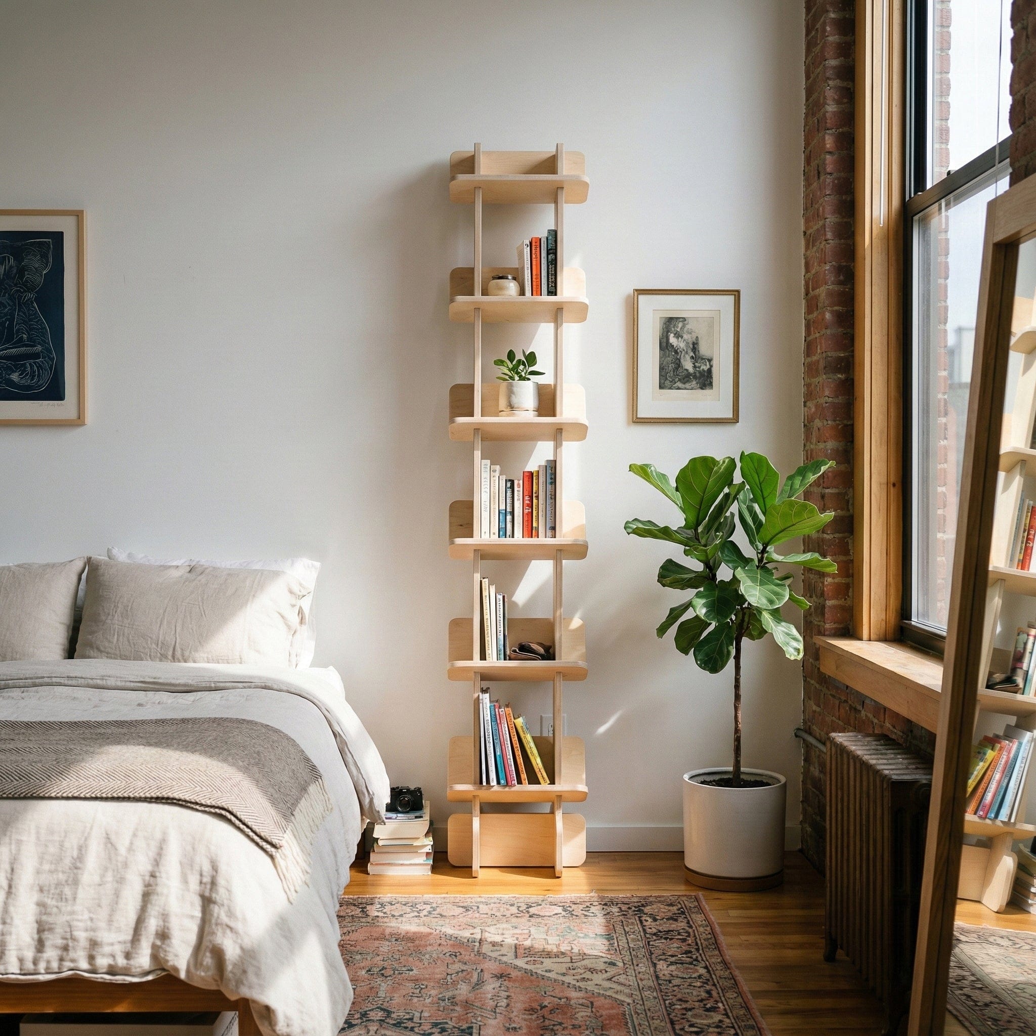 Yankel vertical bookcase holding books and small objects between a bed and leafy plant in a sunlit loft bedroom