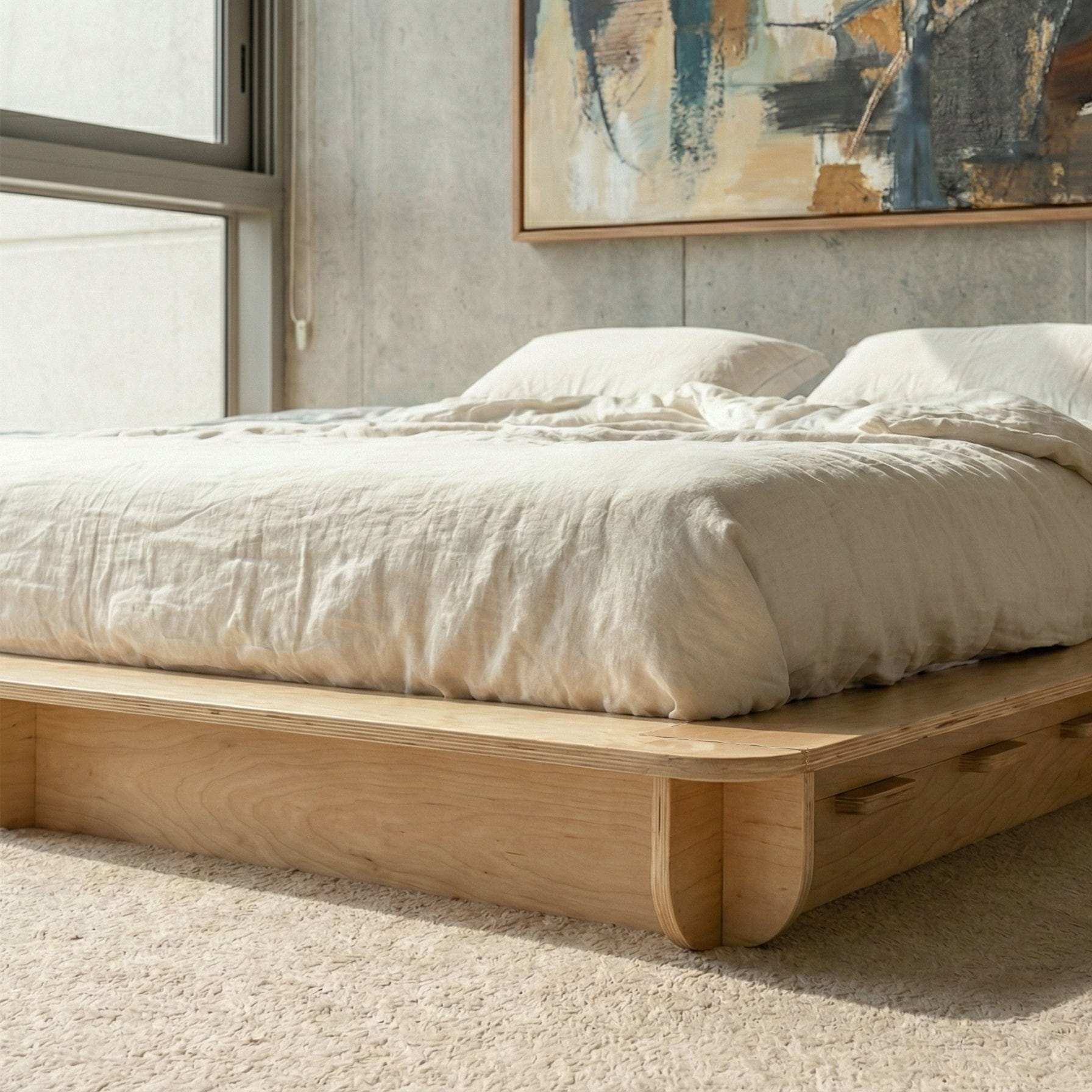 Close-up of the Studio Furnis bed platform showing its thick natural wood frame, rounded corner and cylindrical leg