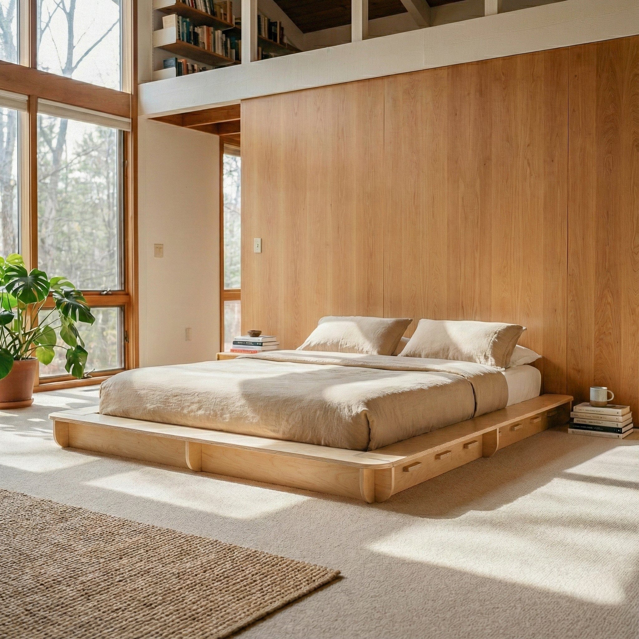 Studio Furnis natural wood bed platform with beige bedding in a sunlit bedroom with tall windows, wood-paneled walls and indoor plants