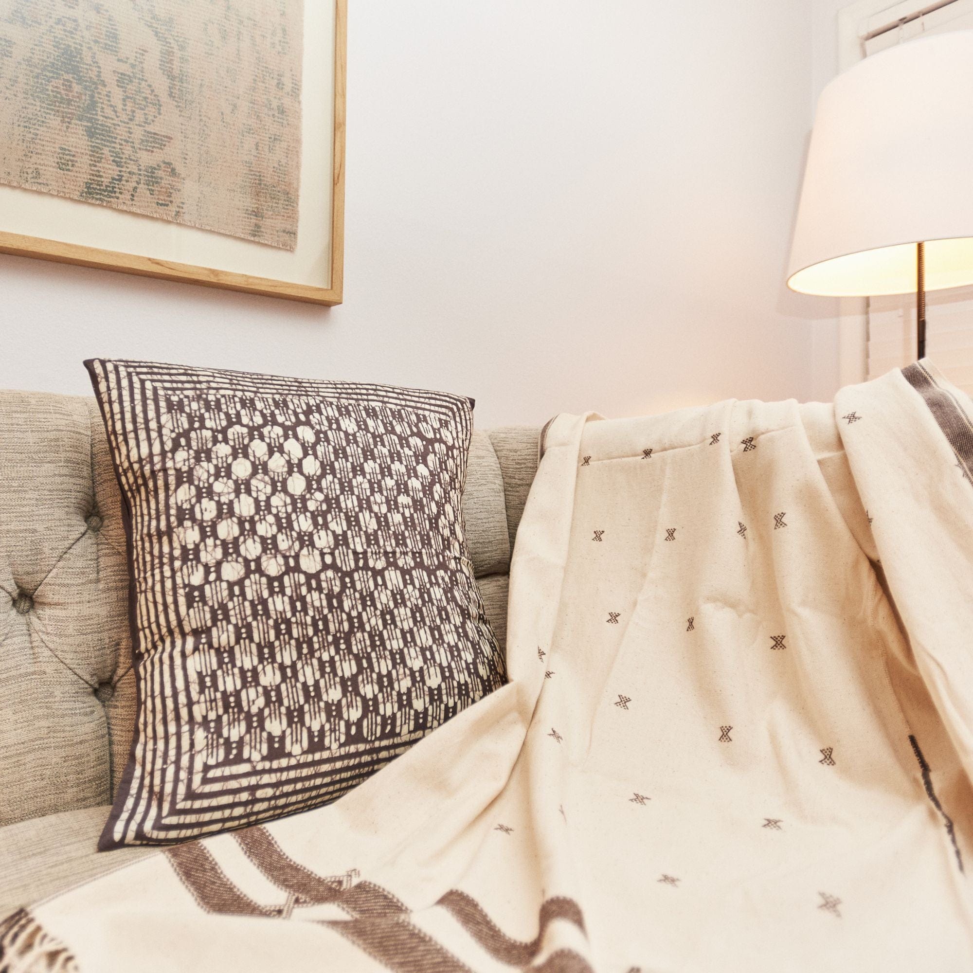 Oasis Charcoal Hand Crafted Wax Block Print Mulberry Silk Pillow