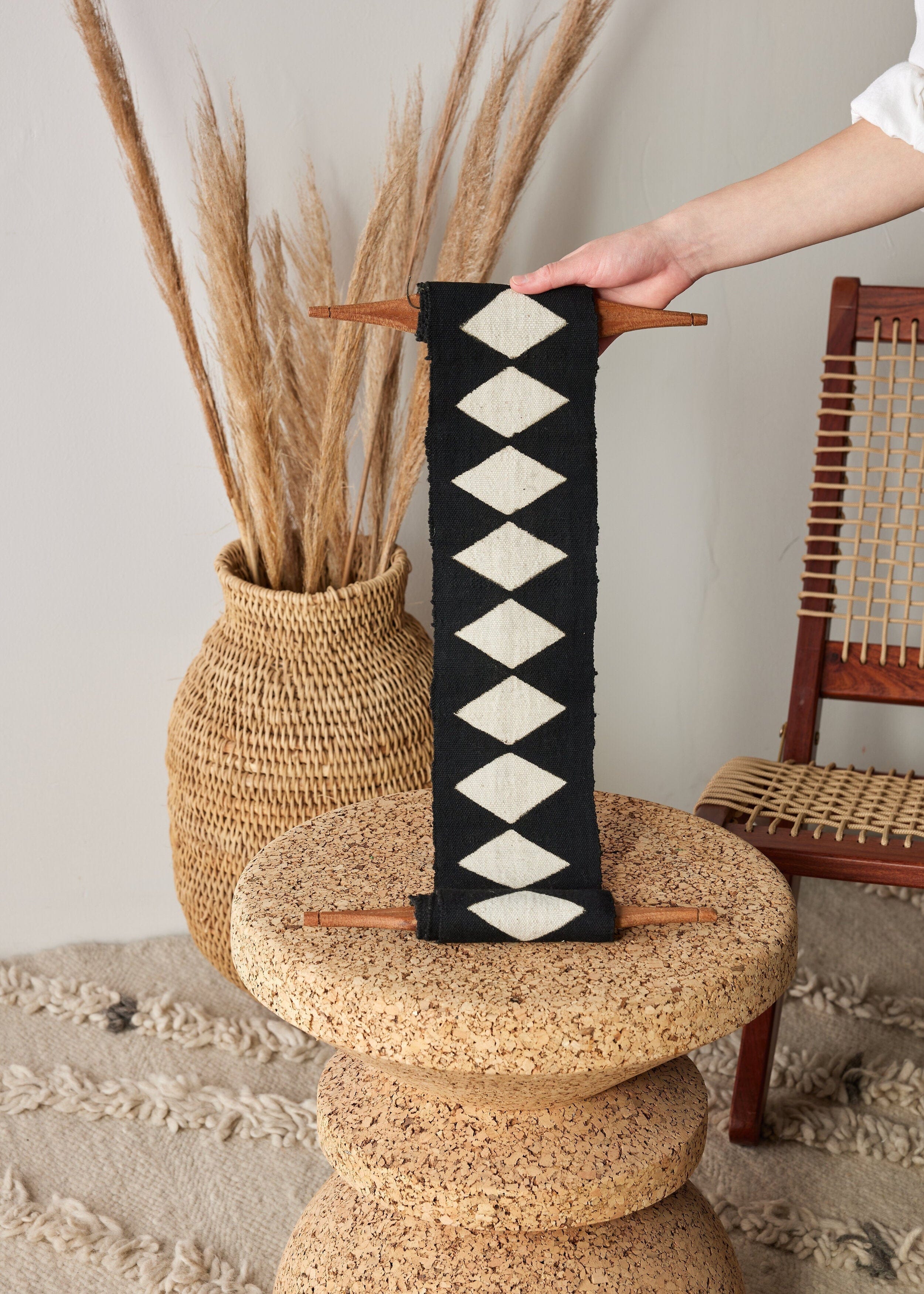 Balance Bogolan Wall Totem in Black with White Diamonds