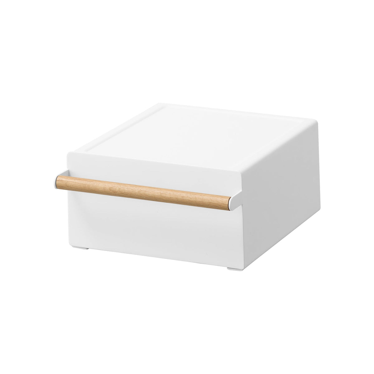 Empty white Yamazaki Home Countertop Rack with Drawer - Steel + Wood isolated on white with the drawer closed, showing its rectangular body and light wood handle across the front.