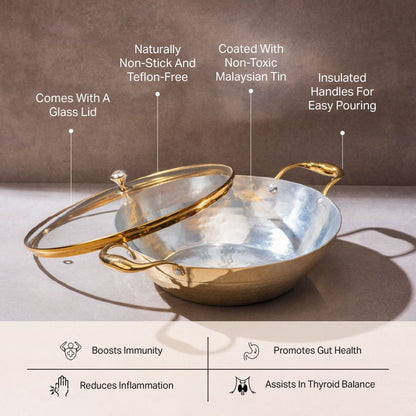Brass Flat Base Wok with Glass lid