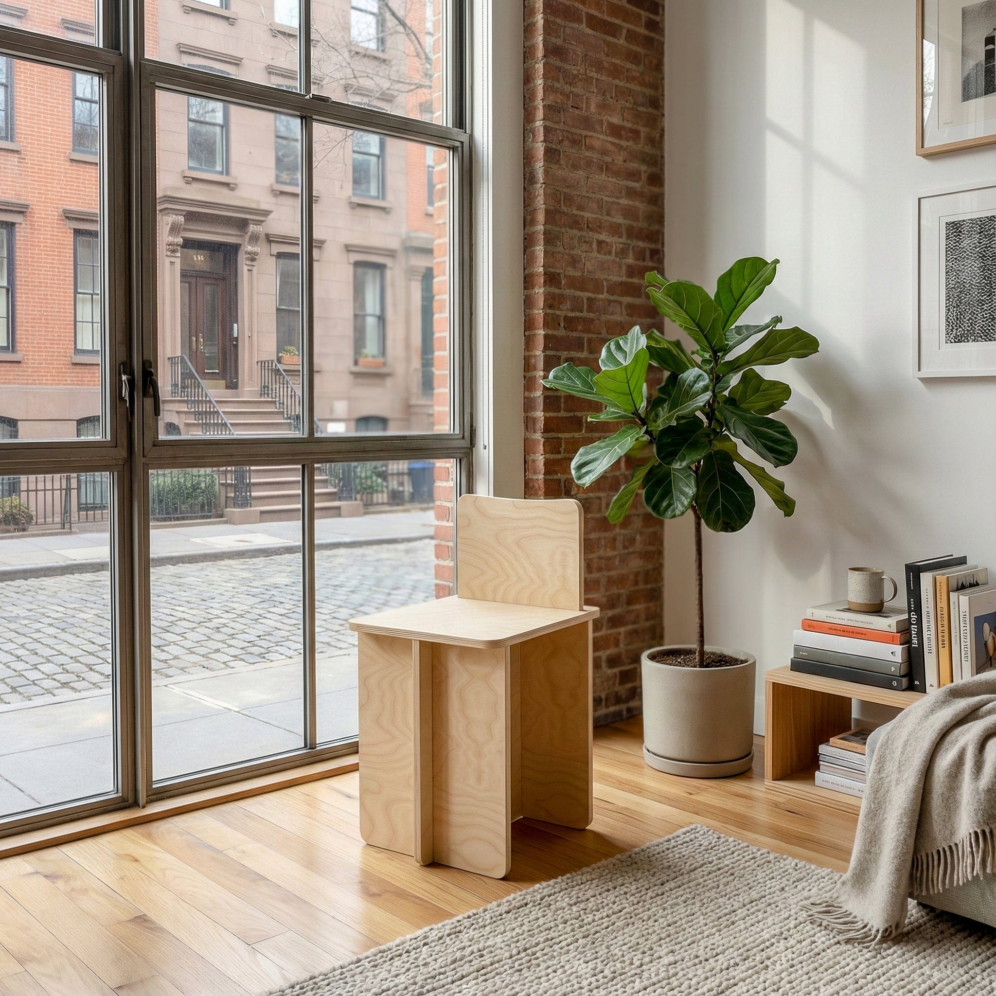 Williamsburg wood chair beside floor-to-ceiling loft windows, a leafy plant, stacked books and a woven rug