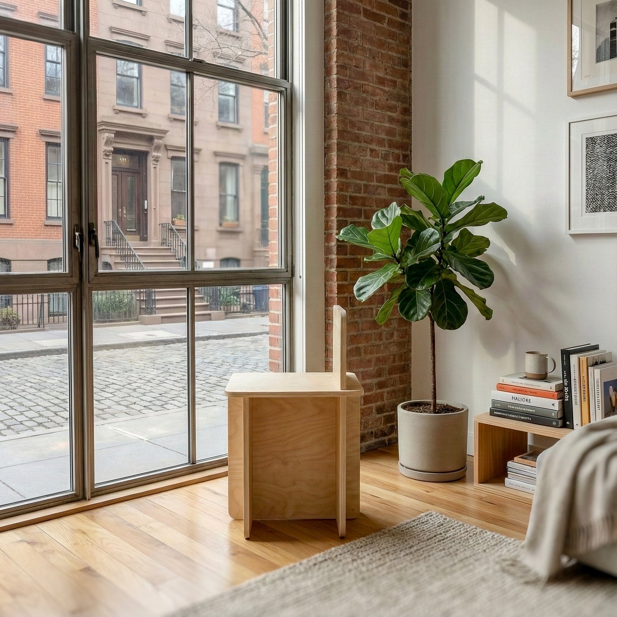 Front view of the Williamsburg chair in a sunlit loft with exposed brick, large windows, plants and books